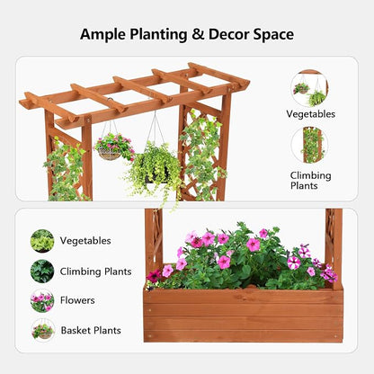 VINGLI Raised Garden Bed with Trellis & Hanging Roof, Wooden Planter Box with Drainage Holes for Outdoor Climbing Plants Vegetables Flowers, Patio Yard Balcony (Teak, Medium)