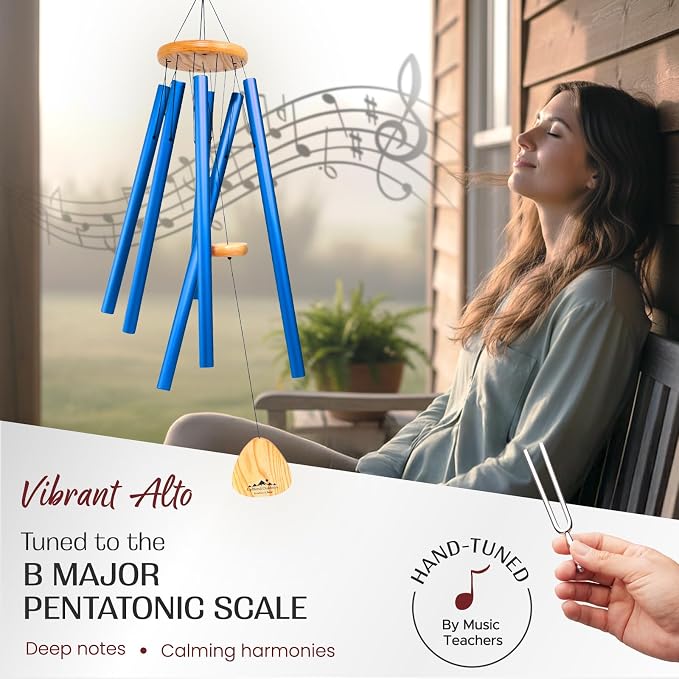 Blue Wind Chimes for Outside Deep Tone, 41 Inch Hand Tuned B Major Pentatonic Alto Wind Chime with Decorative Kindness Stone, Outdoor Garden Patio Porch Decor, Meaningful Sympathy Memorial Gift
