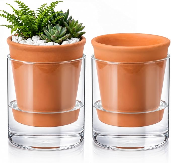 Baderke 2 Pcs 4 Inch Self Watering Pot for Indoor Plants Clear Glass Planter Small Plant Pot with Saucer Reservoir Drainage Holes Bottom Watering for African Violet Orchid Flowers (Terracotta Style)