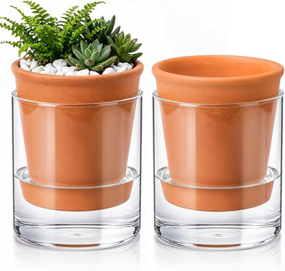 Baderke 2 Pcs 4 Inch Self Watering Pot for Indoor Plants Clear Glass Planter Small Plant Pot with Saucer Reservoir Drainage Holes Bottom Watering for African Violet Orchid Flowers (Terracotta Style)