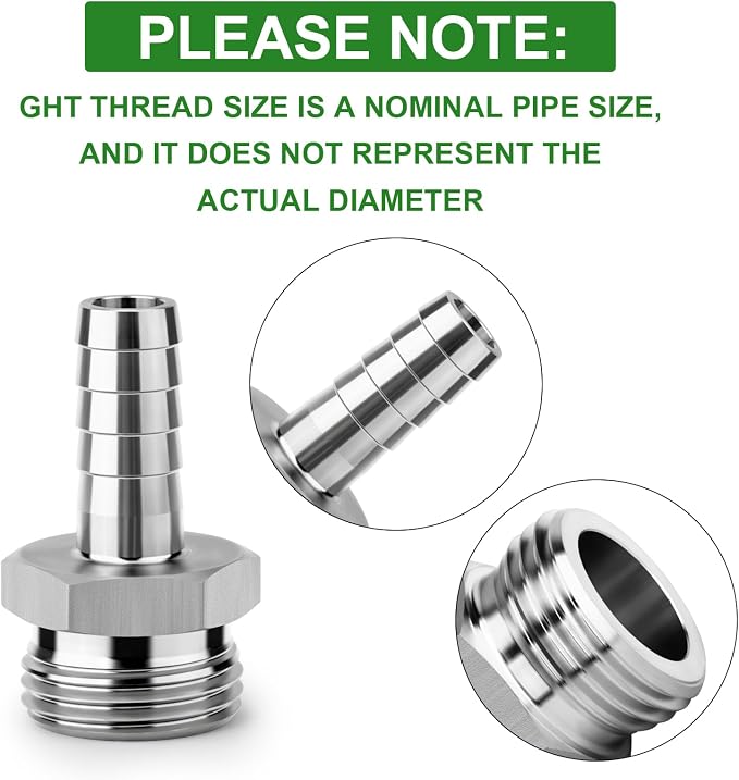 TAISHER 2PCS 304 Stainless Steel Garden Hose Repair Connector, 1/4" Barb x 3/4" GHT Male Garden Hose Adapter with Hose Clamps