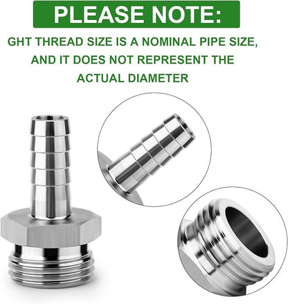 TAISHER 2PCS 304 Stainless Steel Garden Hose Repair Connector, 1/4" Barb x 3/4" GHT Male Garden Hose Adapter with Hose Clamps