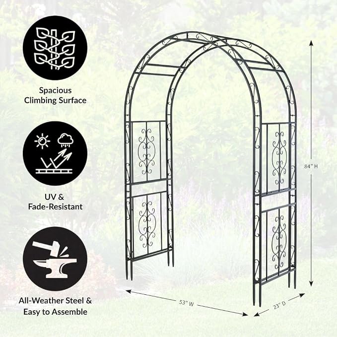 Plow & Hearth Arch Metal Outdoor Garden Arbor | Montebello | 7 Feet Tall | Steel Iron Trellis Lattice for Climbing Plants & Heavy Vines | Wedding Outdoor Patio Décor