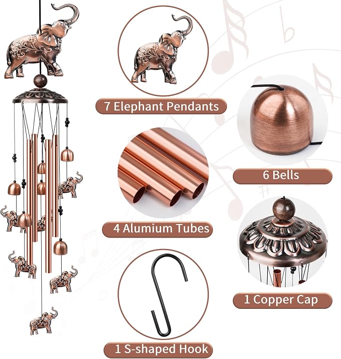 35 Inch Elephant Wind Chime, Handmade Large Metal Animal Figurine Windchimes for Garden Decor, Deep Soothing Bass Tones Wind Chimes for Outside, Memorial Gifts for Patio, Yard, Porch
