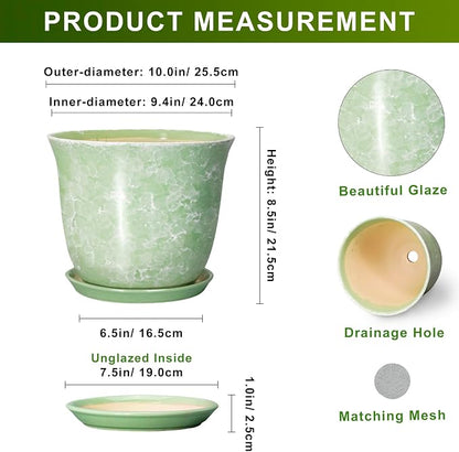Ceramic Pots for Plants - 10 Inch Plant Pot for Indoor Outdoor, Round Planter with Drainage Hole and Saucer, Decorative Plant Pots, Modern Flower Pot, Home Porch Decor, Garden Gifts, Green