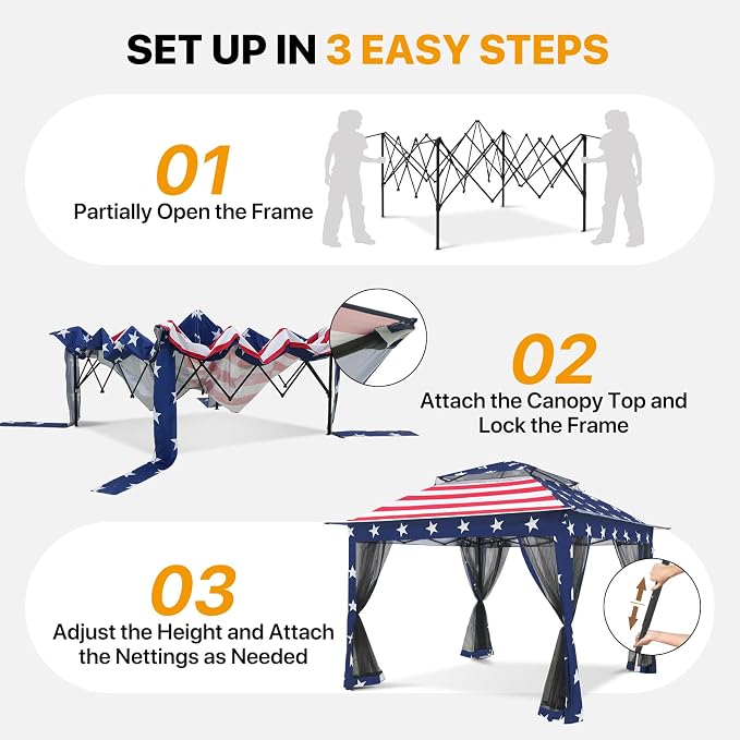 COOS BAY 11x11 Pop Up Gazebo with Mesh Netting, Instant Outdoor Canopy Tent, Water Resistant Shelter with UPF 50+ UV Protection, 121 Sq Ft Coverage, American Flag
