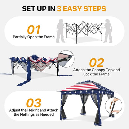 COOS BAY 11x11 Pop Up Gazebo with Mesh Netting, Instant Outdoor Canopy Tent, Water Resistant Shelter with UPF 50+ UV Protection, 121 Sq Ft Coverage, American Flag