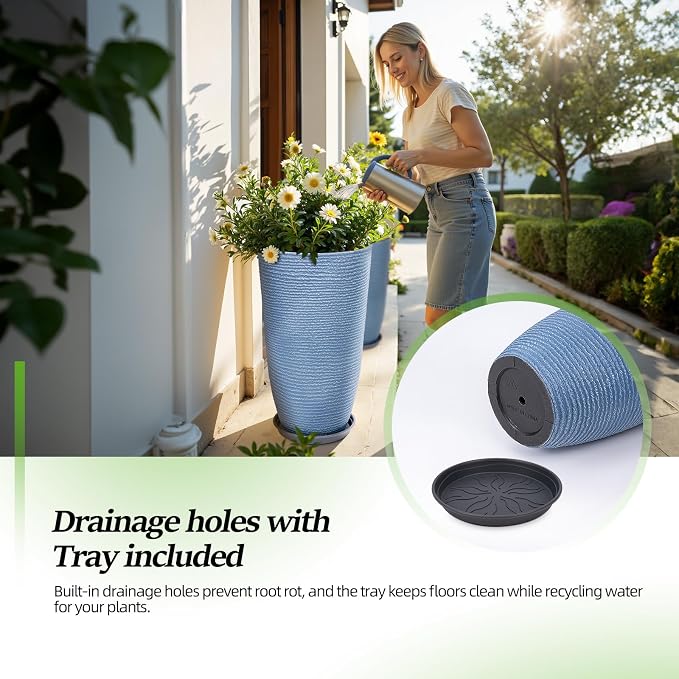QCQHDU Set of 2 9 Gallon Tall Large planters for Outdoor/Indoor Plants of 12" Dia x 21" H Round Flower Pots Set Faux Stone Finish Front Door Patio Square Porch Planters with Tray, Sky Blue