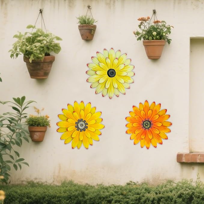 LWINGFLYER 3 Pack Metal Flower Wall Decor - 8" 3D Rustic Modern Daisy Flowers Outdoor Indoor Metal Wall Art Hanging Sculptures for Farmhouse Bathroom Kitchen Living Room Garden Patio