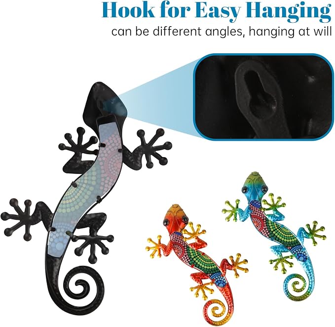 WANFSOWO 3D Metal Gecko Wall Art, Hand-Painted Colorful Lizard Wall Sculpture, Indoor Outdoor Hanging Decor for Garden Fence Patio Porch Backyard, Home Decor Gift (Style 1)