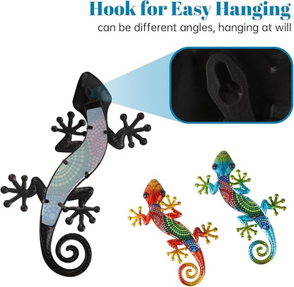 WANFSOWO 3D Metal Gecko Wall Art, Hand-Painted Colorful Lizard Wall Sculpture, Indoor Outdoor Hanging Decor for Garden Fence Patio Porch Backyard, Home Decor Gift (Style 1)