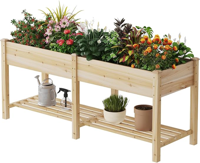 72x24x30.5in Raised Garden Bed Elevated Wood Planter Box with Shelf Garden Planter with Legs for Backyard, Patio, Balcony w/Divider Liner, 300lb Capacity -(Natural)