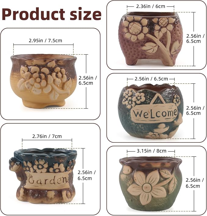 Succulent Ceramic Garden Pots Small Plant Planter Container with Drainage Set of 5 for Home Office Decor