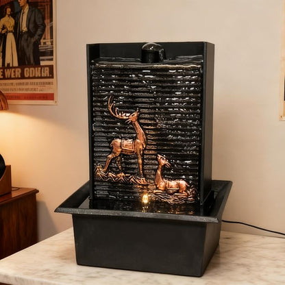 Water Wall Waterfall Fountain, Gold Deer Relief Wall Fountain for Home Office, Indoor Zen Vertical Waterfall with Warm Light for Zen Relaxation & Decor