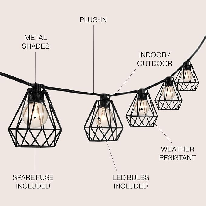 JONATHAN Y 10' Black LED String Lights, 10-Light Indoor/Outdoor Set for Patio Deck, Modern Iron Diamond Cage Shade, Weather-Resistant, Connectable, UL Listed JYL8705A