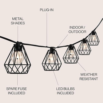 JONATHAN Y 10' Black LED String Lights, 10-Light Indoor/Outdoor Set for Patio Deck, Modern Iron Diamond Cage Shade, Weather-Resistant, Connectable, UL Listed JYL8705A