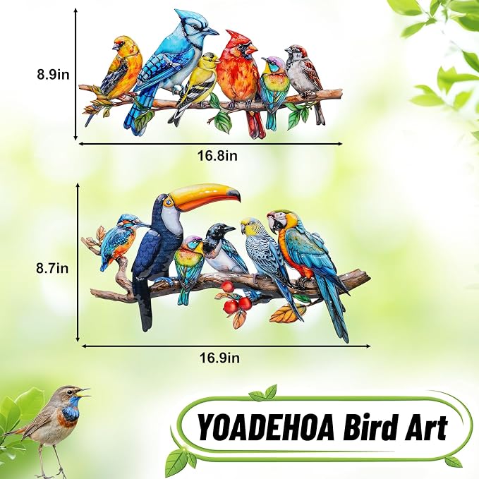 YOADEHOA 2Pcs Metal Bird Outdoor Wall Art Decor, Hummingbird Wall Silhouette Art, Bird on Branch Wall Sculpture Hanging Indoor Outdoor for Yard Garden and Patio (Birds D)