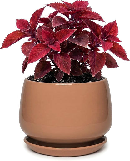 7.5 Inch Ceramic Planter with Saucer,Modern Garden Pots with Drainage Hole Mesh Net, for Indoor Outdoor Use(Reddish Brown)