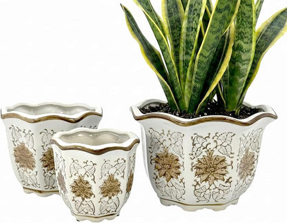 Galt International Brown & White Floral Porcelain Ceramic Decorative Flower Pot 8"/6"/4.5" Garden Pots Chinese Asian Design - Set of 3 Brown & White Fluted