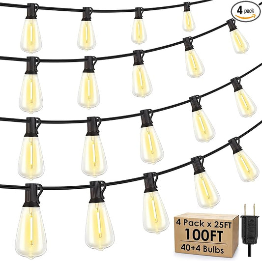 Larkvue 100FT(4x25FT) Outdoor String Lights, Patio Lights with 40+4 LED Dimmable Waterproof Linkable ST38 Edison Bulbs for Gazebo Camping Party, Black