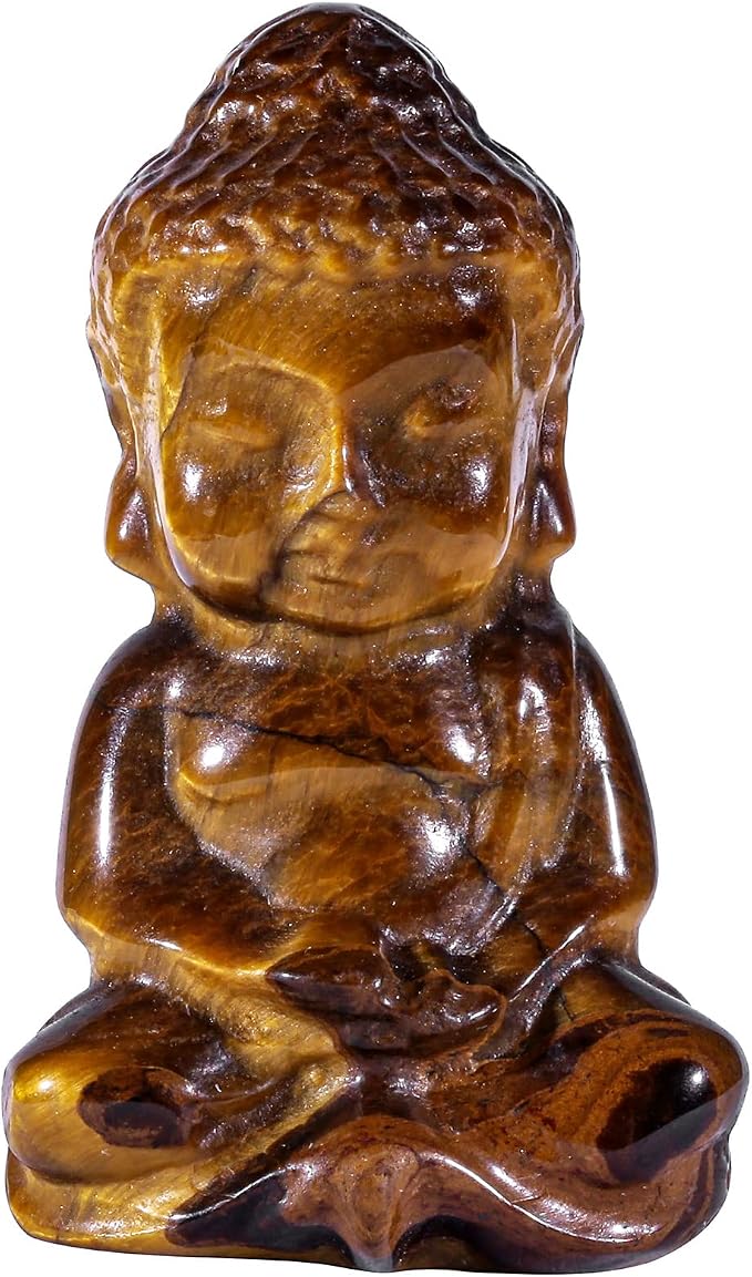 Rockcloud Handcarved Tiger's Eye Stone Pocket Stone Baby Buddha Statue | for Home Decoration Zen Garden Spiritual Feng Shui Figurine