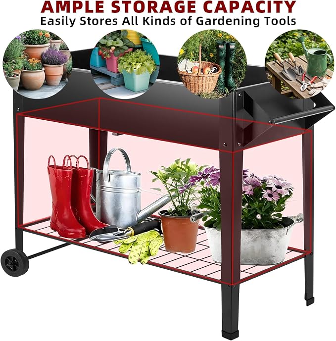 DNKMOR 32" Tall Raised Garden Bed Outdoor with Wheels & Storage Shelf or Mobility,Mobile Anti-Rust Steel Planters for Outdoor Plants,Planter Box for Vegetables/Flower/Herbs,Patio-Balcony-Backyard