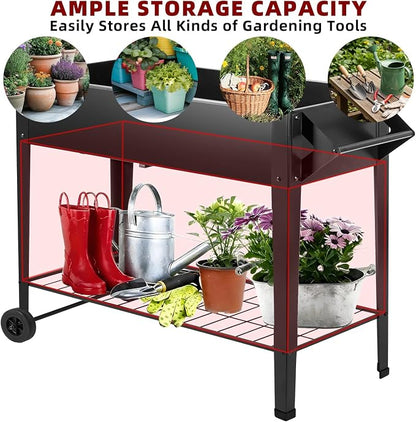 DNKMOR 32" Tall Raised Garden Bed Outdoor with Wheels & Storage Shelf or Mobility,Mobile Anti-Rust Steel Planters for Outdoor Plants,Planter Box for Vegetables/Flower/Herbs,Patio-Balcony-Backyard