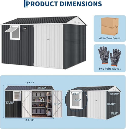 Garvee 10x8 FT Heavy-Duty Metal Outdoor Storage Shed with Solar Light | Motion Sensor Light, Window, Pegboard Tool Organizer, Lockable Doors, 4 Air Vents for Garden Patio Backyard Garage
