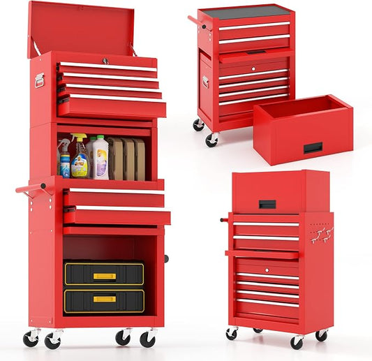 ARNOT 2-in-1 Rolling Tool Chest with 5 Drawers, Heavy-Duty Metal Tool Box with Wheels, Detachable Top Tool Box & Rolling Tool Cabinet for Garage, DIY (6-Drawers Whith Middle Box, Red)