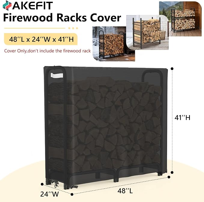AKEfit 4ft Firewood Racks Cover,Heavy Duty Waterproof Outdoor Logs Holder Stand Cover with Velcro-Black