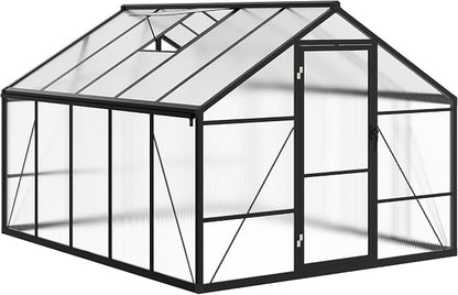 8x10 ft Walk-in Greenhouse, Polycarbonate Panels with Reinforced Aluminum Frame, Large Garden Green House for Planting and Seed Starting, Quick-Assembly Structure with Adjustable Roof Vent