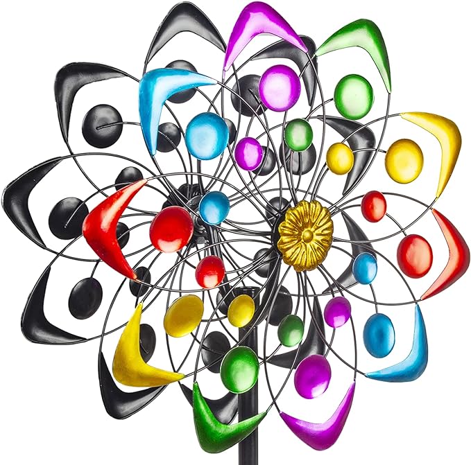 Viveta Kinetic Wind Spinner, 59 inch Outdoor Metal Windmills for Yard Garden, Double Wind Sculpture with Stable Stake, Multi-Color | Double Wind Sculpture with Stable Stake, Multi-color, for Yard and Garden