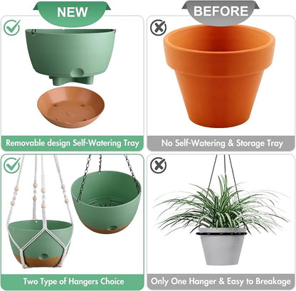 Set of 2-10 Inch Hanging Planters for Indoor Plants with Self-Watering Includes Hanging Pots for Plants, Outdoor Hanging Plant Pot with Drainage, and 2 Types of Baskets Hangers (Green, 10inch)