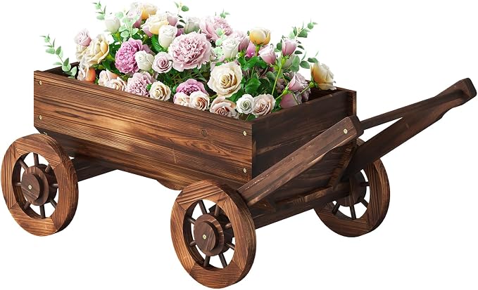 Wooden Wagon Garden Planter Cart with Wheels Rustic Flower Pot – Indoor Outdoor Patio Backyard Balcony Decor for Flowers and Plants(Large)