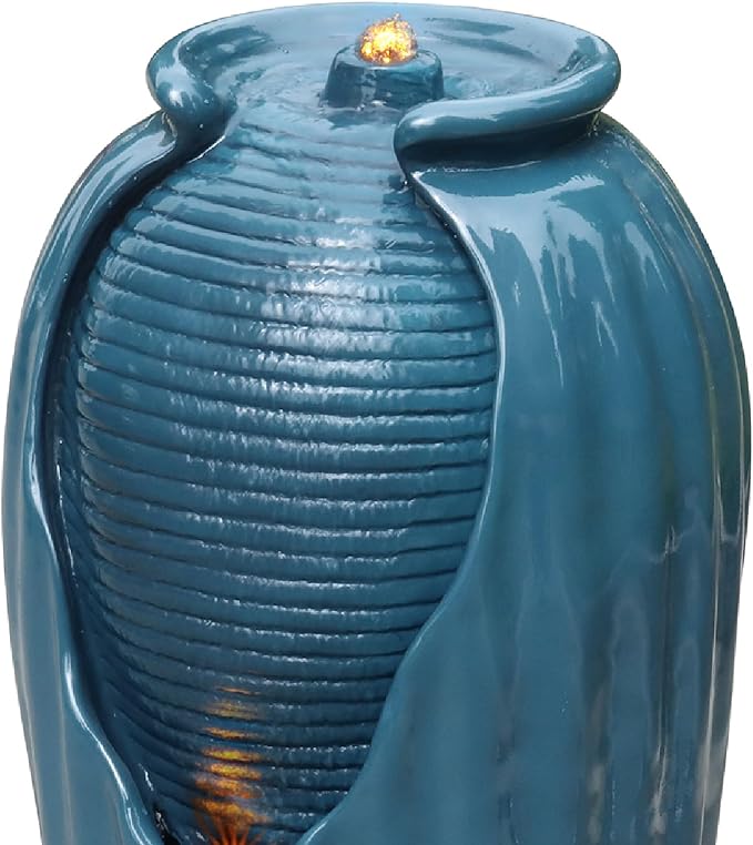 Teamson Home 32 in. Outdoor Contemporary Glazed Contoured Vase Water Fountain with LED Lights to Create a Calming Oasis in Gardens and Landscaping, on Patios, Balconies, Lawns, Teal Blue | Freestanding Floor Feature, Built-In LED Light, Glossy Teal Blu...