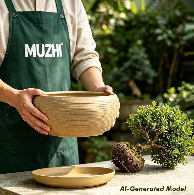 MUZHI 9.5” Round Large Ceramic Bonsai Bowl Planter，Clay Succulent Plant Pot Container with Saucer (9.5”)