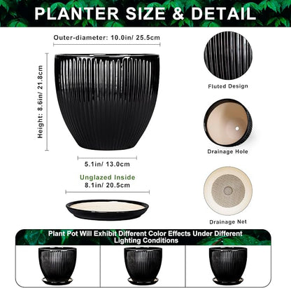 10 Inch Planter, Ceramic Plant Pots with Drainage Hole and Saucer, Large Decorative Planters for Indoor Plants, Modern Plant Pot, Round Flower Pot, House Bedroom Decor, Black