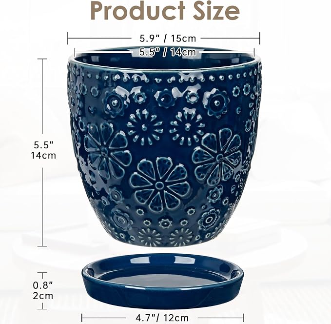 Hollyone 6 Inch Blue Ceramic Planter Flower Plant Pot with Drainage Hole and Saucer for Plants Embossed Indoor Outdoor Garden Embossed Ceramic Glazed Round Pot for Succulent Orchid Mixed Pattern