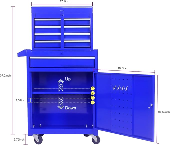 5-Drawer Tool Chest, Detachable Top Box for Garage,Blue | Rolling Mobile Storage Cabinet Organizer with Lockable Wheels for Workshop Utility, Heavy Duty Metal Construction