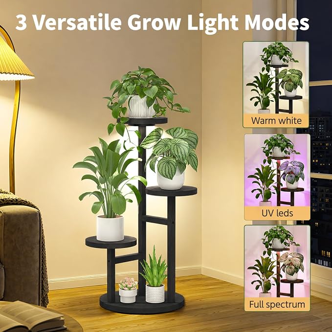 LASZOLA 3 Tiered Wood Plant Stand Indoor Corner with Grow Lights, Flower Holder Rack Tall for Multiple Plants, Rustic Planter Shelf Display for Patio Garden Balcony Living Room, Black