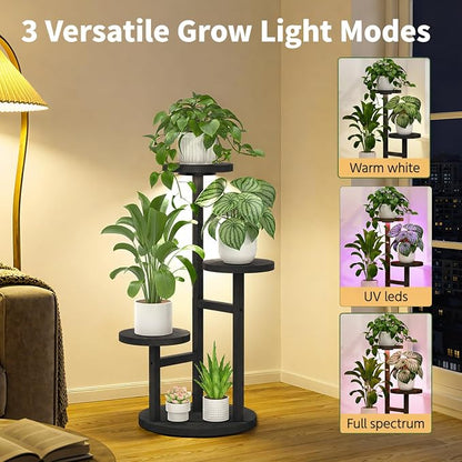 LASZOLA 3 Tiered Wood Plant Stand Indoor Corner with Grow Lights, Flower Holder Rack Tall for Multiple Plants, Rustic Planter Shelf Display for Patio Garden Balcony Living Room, Black