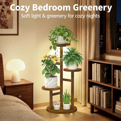 LASZOLA 3 Tiered Wood Plant Stand Indoor Corner with Grow Lights, Flower Holder Rack Tall for Multiple Plants, Rustic Planter Shelf Display for Patio Garden Balcony Living Room, Brown