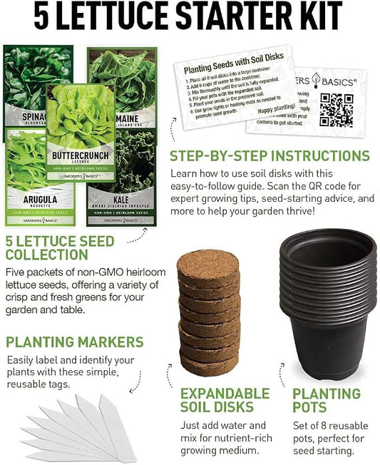 Beginner Indoor Garden Lettuce Kit - Includes Romaine, Buttercrunch Lettuces, Spinach, Arugula, and Kale Heirloom Seeds, Pots, Soils and Plant Markers - Complete Indoor Vegetable Garden Starter Kit