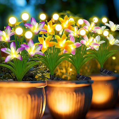 EDOF Solar Lights Outdoor Waterproof Garden Decor,4 Packs Lily Flowers Firefly Lights,Birthday Gifts for Women Mom,Solar Flowers Decorative Stakes Lights for Outside Yard Lawn Patio Porch Decorations