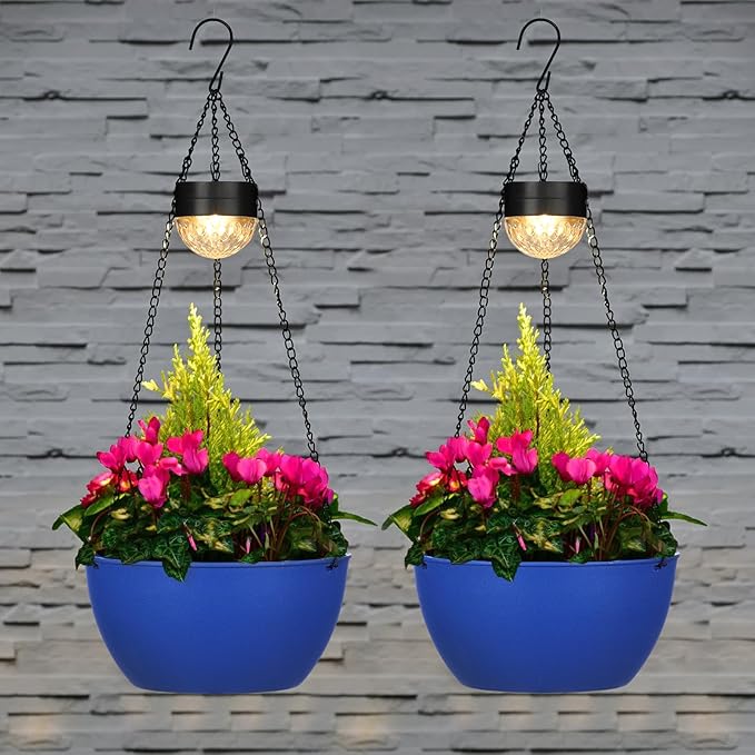 BAYN 2 Packs Solar Hanging Basket Planters for Plants Outdoor | Self Watering, Blue Flower Pots with Solar Light , Hanging Planters with Drainer for Balcony Patio Garden Decoration