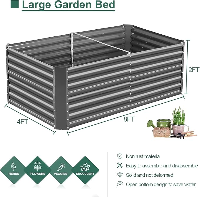 Land Guard 2 Pack 8×4×2ft Galvanized Raised Garden Bed Kit, Galvanized Planter Raised Garden Boxes Outdoor, Large Metal Raised Garden Beds for Vegetables (Gray)
