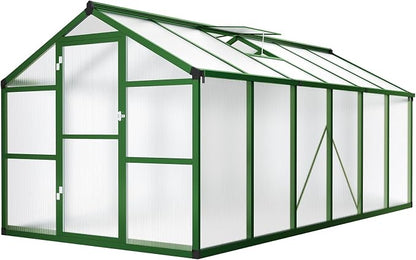 8x12 FT Greenhouse - Large Aluminum Greenhouses for Outdoors | Walk-in Polycarbonate Greenhouse with Roof Vent & Ground Nails, Heavy Duty Green Houses for Garden, Backyard, Patio