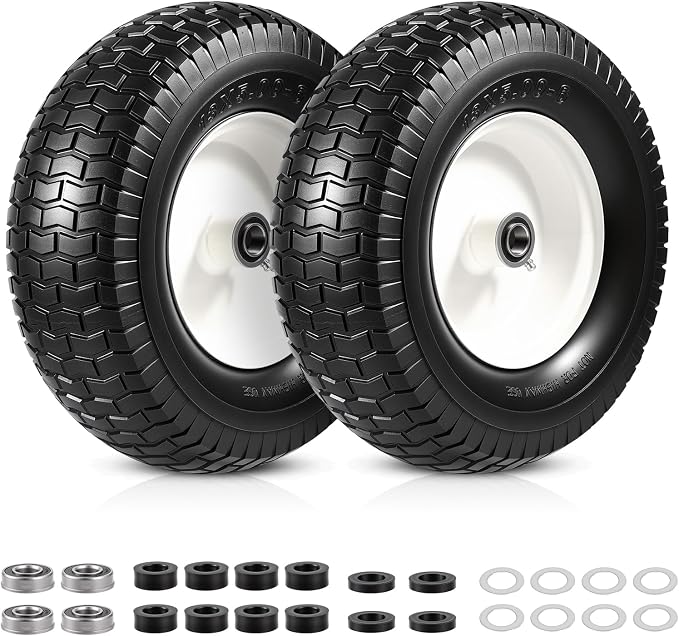 13x5.00-6 Flat Free Tire and Wheel Assemblies, 13x5-6 Solid Rubbe Tires and Wheel for Riding Lawn Mower - With 3/4" Bushings & 5/8" Bearings, 3" Centered Hub, 2 Pack