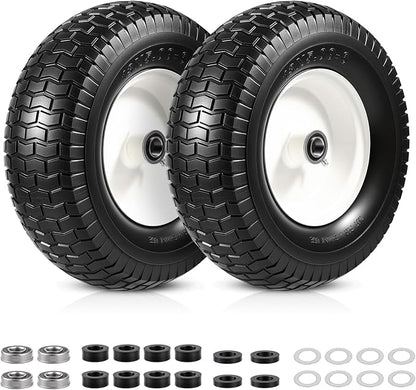 13x5.00-6 Flat Free Tire and Wheel Assemblies, 13x5-6 Solid Rubbe Tires and Wheel for Riding Lawn Mower - With 3/4" Bushings & 5/8" Bearings, 3" Centered Hub, 2 Pack