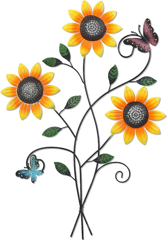 DETENE Metal Sunflower Wall Decor with Butterfly 3D Colorful Outdoor Wall Art Fence Decorations for Patio Metal Flowers Wall Hanging Ornament for Garden Porch Living Room Balcony Farmhouse (yellow-night light)
